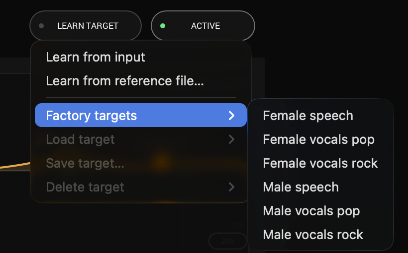InterTone's LEARN TARGET menu open: learn from the input or a reference file, factory targets, and load, save and delete your own; the factory targets are female and male speech, pop vocals and rock vocals