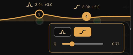 A pre-EQ node's pop-over: bell or shelf, and a Q slider at 0.71